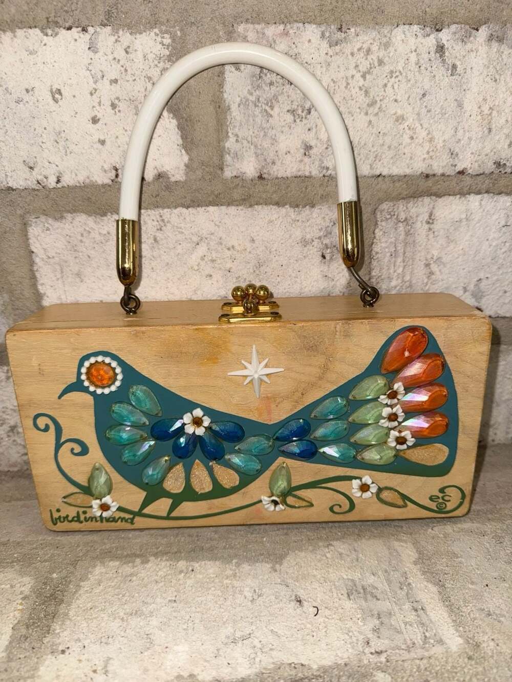 Vintage Enid Collins 'Bird In Hand' Jeweled Wooden Box Purse Handbag